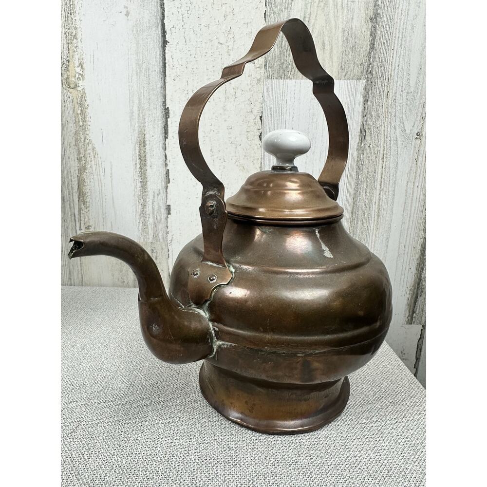 Folk Art COPPER Tea‎ Pot Kettle Patina Vintage Hand Made Porcelain Knob